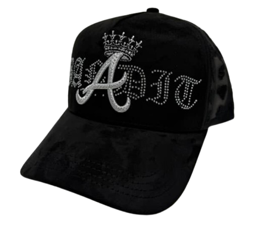 Black cap with decorative lettering on a white background